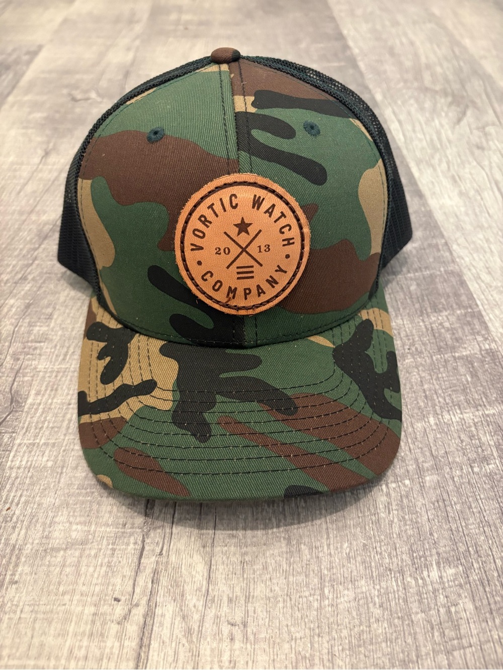 Richardson 112 Camo Trucker Hat Vortic Watch Company Leather Patch Snapback OSFM